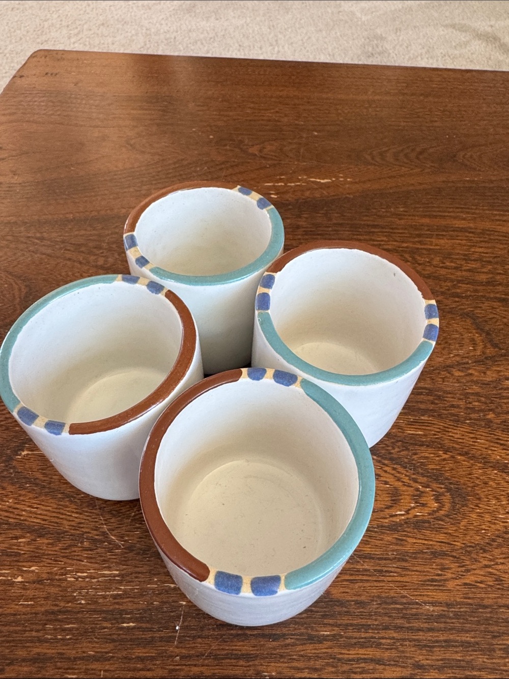 Dansk White Ceramic Candle Cups with Teal, Terracotta and Blue Accents—Set of 4